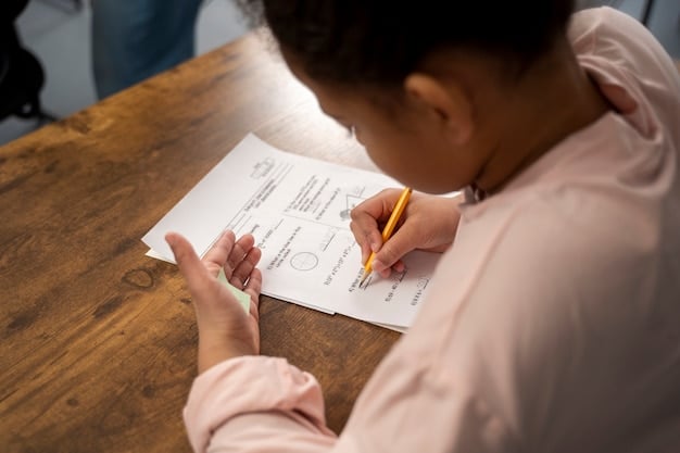 A close-up, eye-level shot of a parent filling out an application form for free school meals. The form is partially visible, showing sections about income, benefits, and child's information. The scene is set in a home environment with soft, natural light.