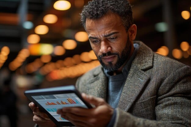 An employer reviewing payroll data on a tablet, with a concerned expression. The data on the screen highlights changes in National Insurance contributions.