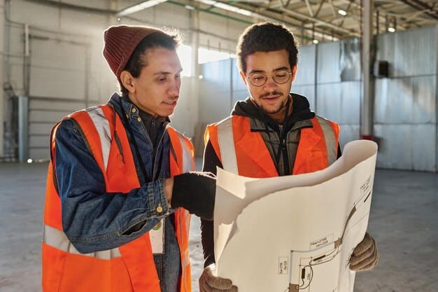 An apprentice and their mentor reviewing a blueprint together in a construction site. Both are wearing hard hats and safety vests. The setting suggests a practical, hands-on learning environment.