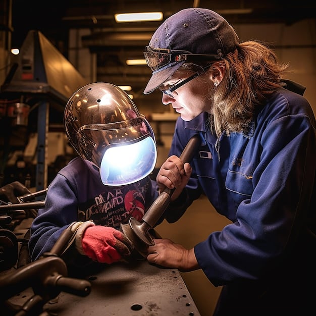 A young female apprentice using a welding machine at an engineering facility, under the close supervision of a male engineer. Both individuals are wearing appropriate personal protective equipment.