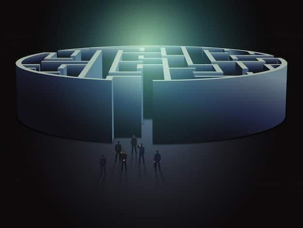 A digital illustration depicting a maze with different paths representing the complexities of VAT regulations, and a shining exit sign symbolizing clarity and simplification through updated rules.