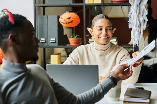 A person attending a job fair, talking to recruiters at different booths, representing the job-seeking requirements of Universal Credit.