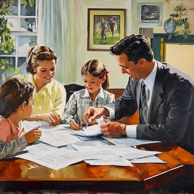 A financial advisor discussing inheritance tax planning with a family in a bright, modern office setting. The advisor should be pointing to a chart or graph illustrating different options.