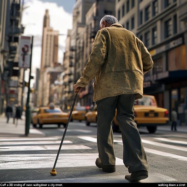 A person using a walking stick to navigate a city street. The person is walking confidently, but the walking stick indicates a need for assistance.