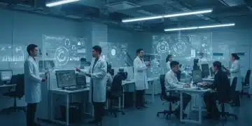 Researchers collaborating on advanced AI algorithms in a modern lab