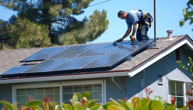 A solar panel installation on the roof of a residential house during a sunny day.