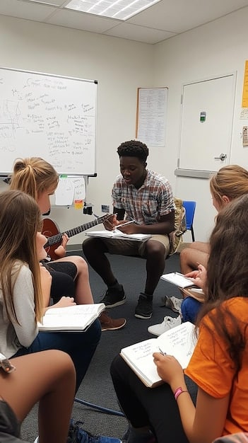 A teacher explaining the new GCSE curriculum to a group of students in a classroom setting. The students are actively engaged and asking questions.