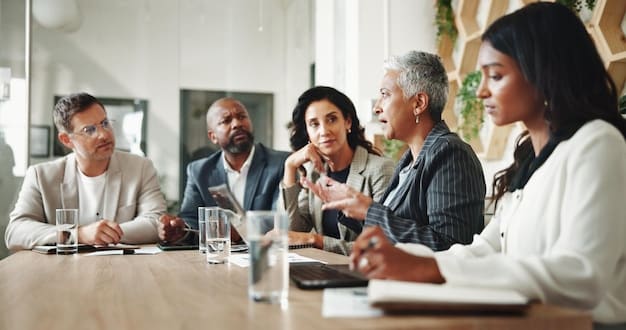 A diverse group of people attending a financial planning seminar. They are listening attentively to a financial advisor who is presenting on retirement planning strategies. The room is well-lit and professional, conveying a sense of trust and competence.