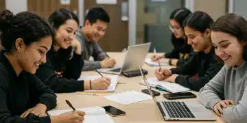 Mastering the College Essay: Data-Backed Approaches for 2025 Applications Students collaboratively writing and refining college essays for 2025 applications