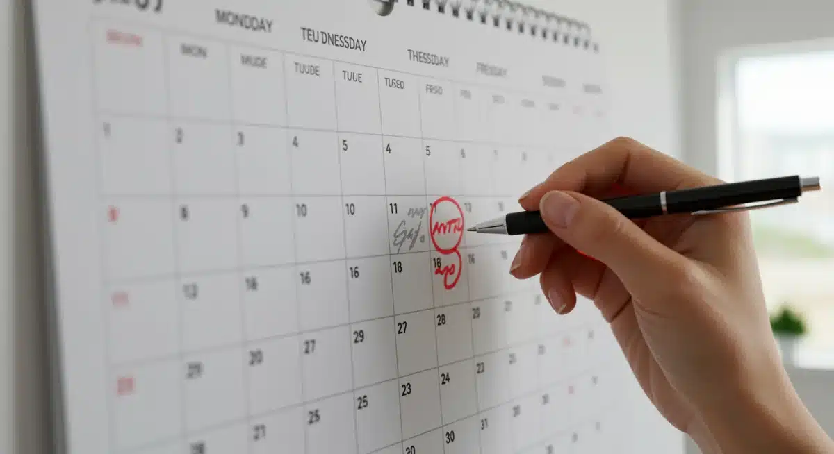 Hand marking dates on a calendar for PTO planning and tracking