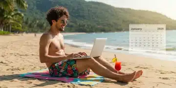 Maximize Your Employee Benefits: Utilize Unused PTO Before 2025 Relaxed person on beach with laptop, symbolizing maximizing PTO before 2025