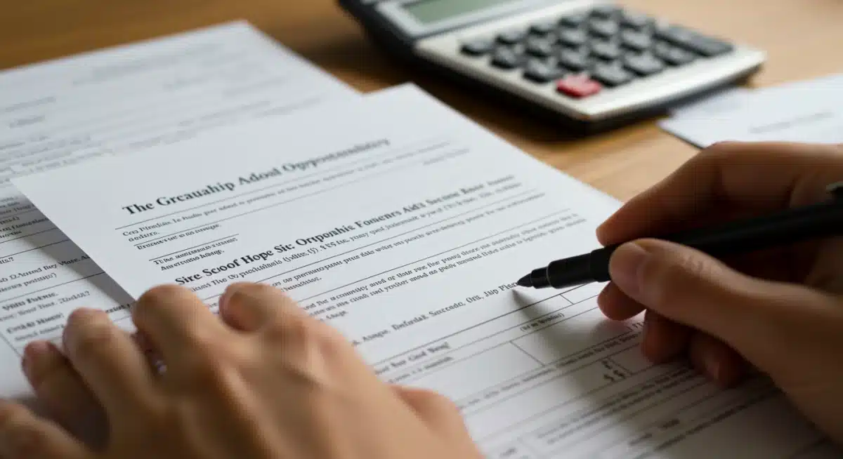 Hand highlighting scholarship details on a document, symbolizing financial planning.