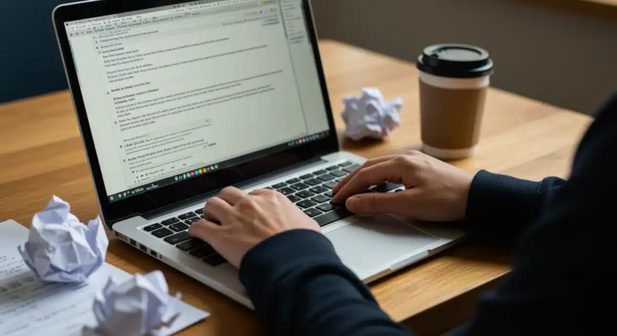 Student drafting and revising a college application essay on a laptop