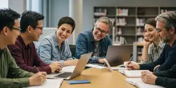 Adult students of varying ages and backgrounds studying together in a modern university library.
