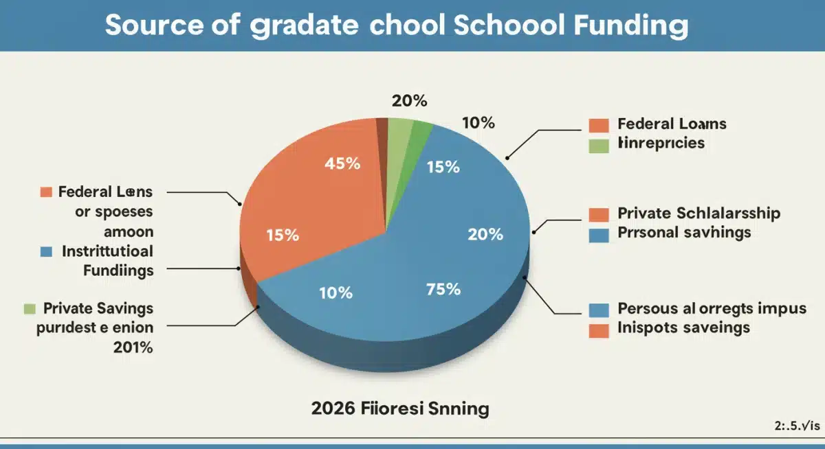 Infographic displaying a breakdown of graduate school funding sources for 2026, including federal aid, institutional grants, and private scholarships.