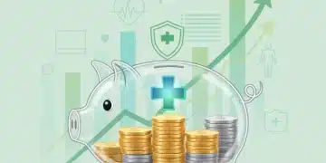 Illustration of stacked coins and a medical cross in a piggy bank, symbolizing HSA growth and healthcare savings.