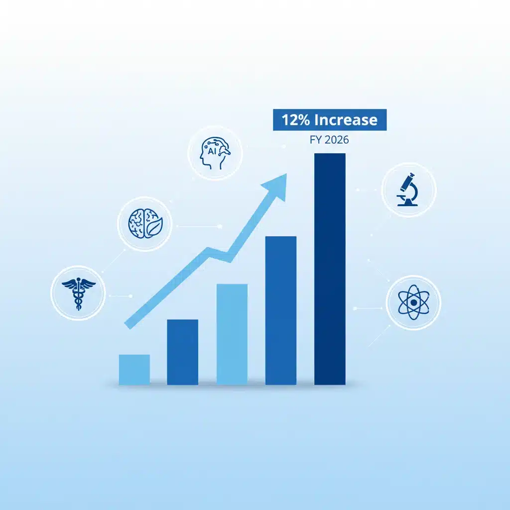 Infographic illustrating a 12% increase in scientific research funding for FY 2026 across various sectors