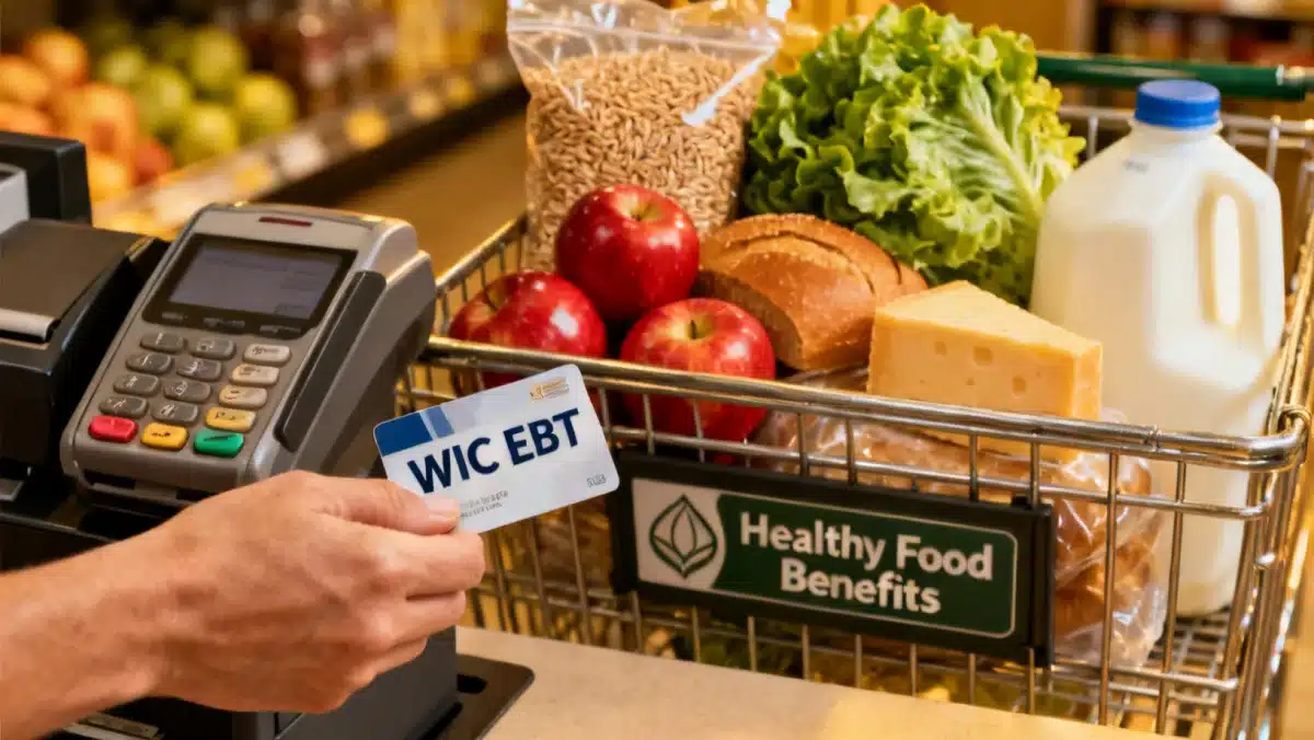 WIC EBT card used for purchasing healthy foods in a grocery store