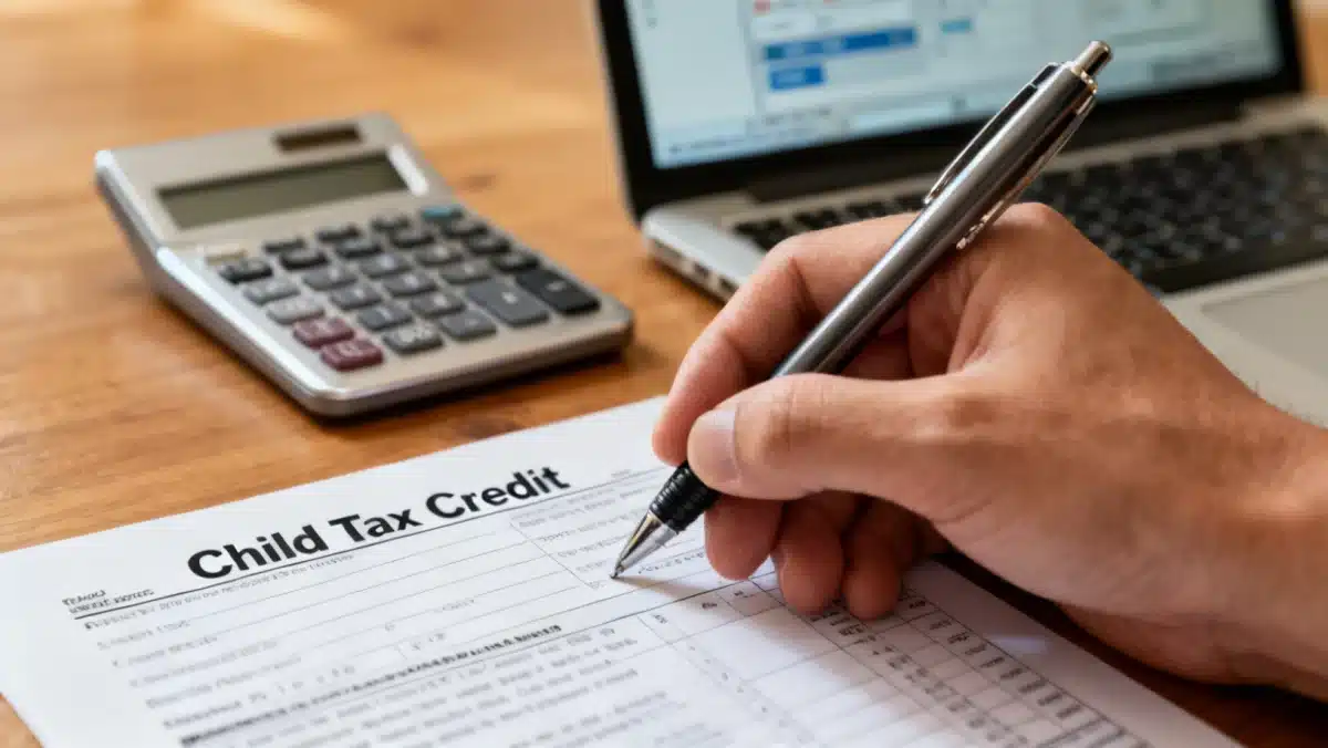 Hand calculating 2026 Child Tax Credit on tax form