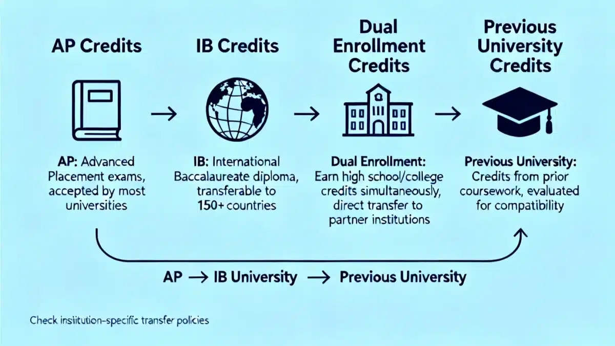Infographic detailing various types of college credits and their transferability implications.