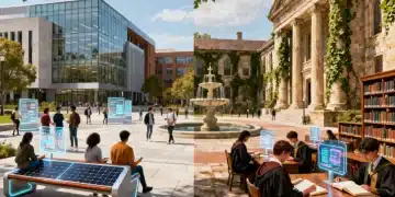 Community college students collaborating with modern tech versus 4-year university students in a historic library, symbolizing diverse educational paths in 2026.