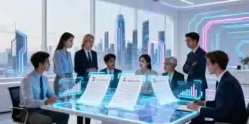 Professionals analyzing the Digital Commerce Act of 2026 on a futuristic display