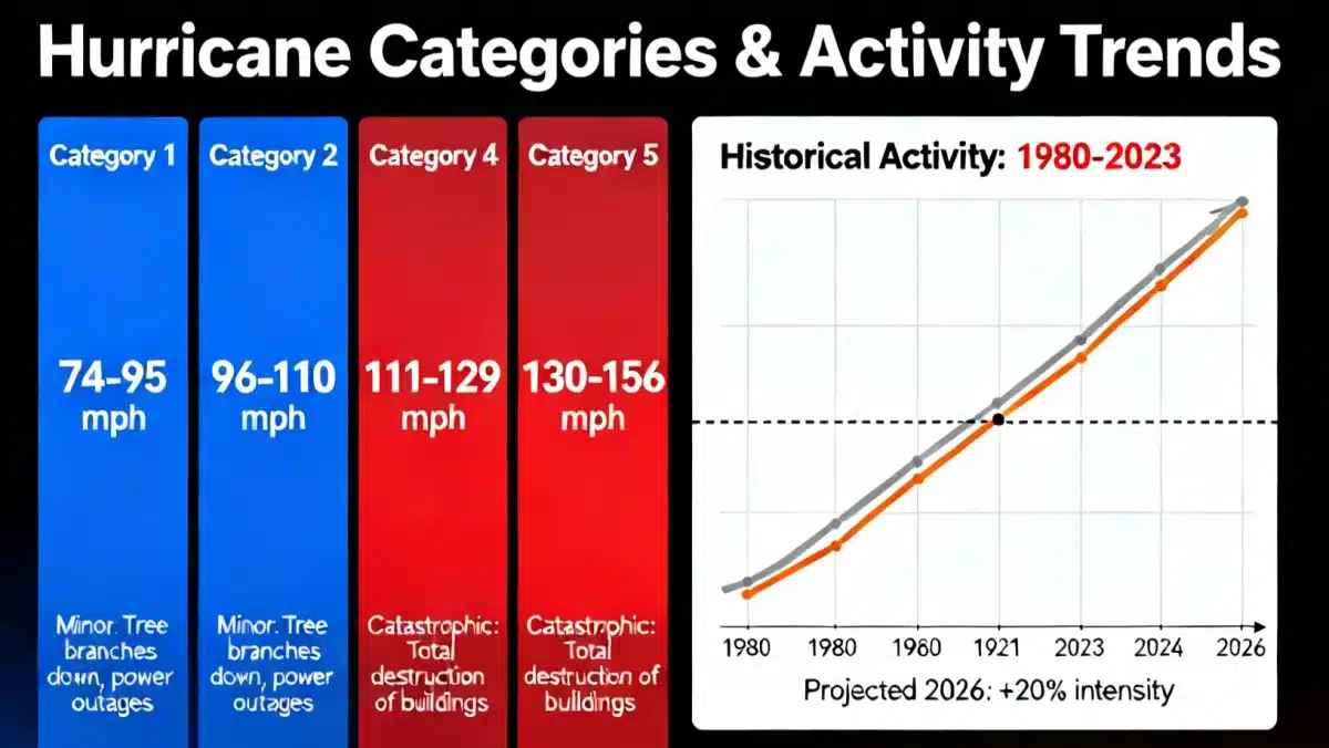 Infographic on hurricane categories, wind speeds, damage, and historical trends for 2026