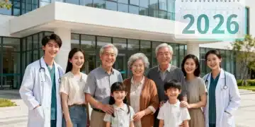 Diverse group of healthy people in front of a clinic, symbolizing accessible healthcare benefits in 2026.