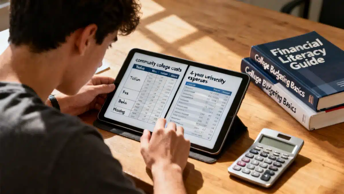 Student analyzing financial charts for community college versus university costs, making an informed decision about higher education in 2026.