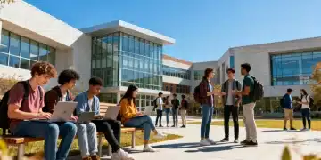 Students discussing college credit transfers on a modern university campus, symbolizing academic planning.