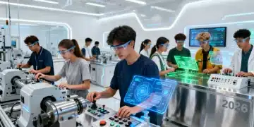 Students learning with advanced technology in a modern vocational training center, representing future workforce skills.