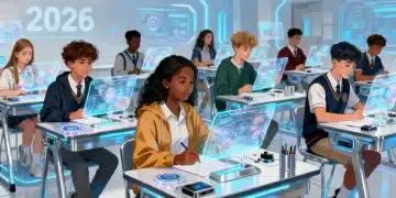 High school students interacting with futuristic standardized tests in a modern classroom setting.