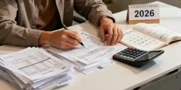 Detailed image of a person preparing for the 2026 tax season with documents and technology