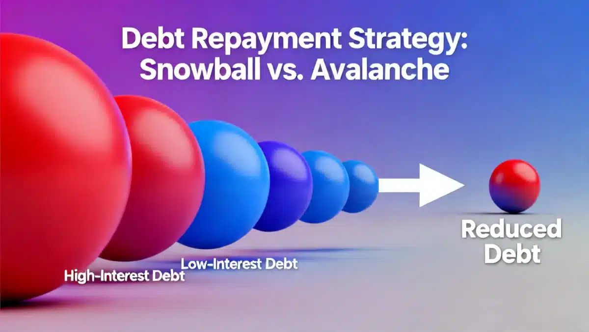 Debt reduction strategy visualization with converging colored balls