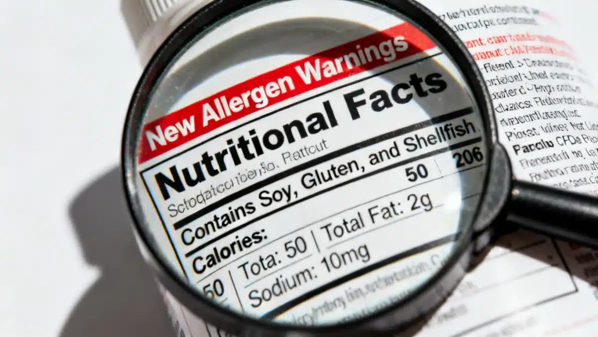 Detailed pharmaceutical label showing new allergen warnings and nutritional facts under FDA 2026 regulations