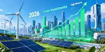 Futuristic cityscape with wind turbines and solar panels, representing green investments and financial growth by 2026.