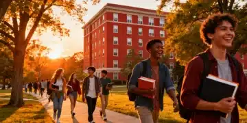 Students walking on a lively US college campus with a residence hall