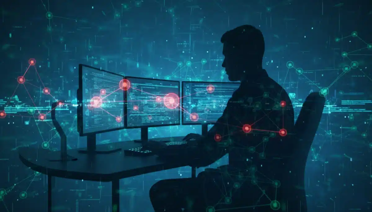 Cybersecurity analyst monitoring network for threats