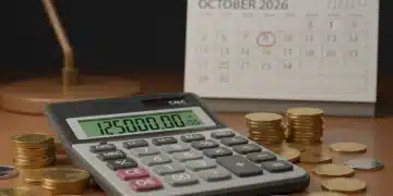 Calculator showing numbers with a 2026 calendar and coins, representing 2026 Social Security COLA.