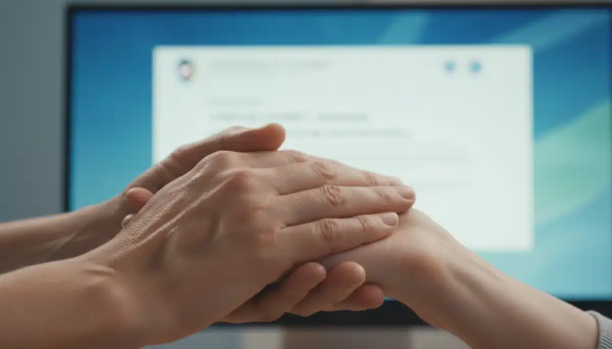Supportive hands with federal caregiving resources in background