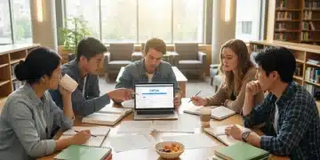 College students reviewing FAFSA forms on a laptop, discussing financial aid changes for 2026.
