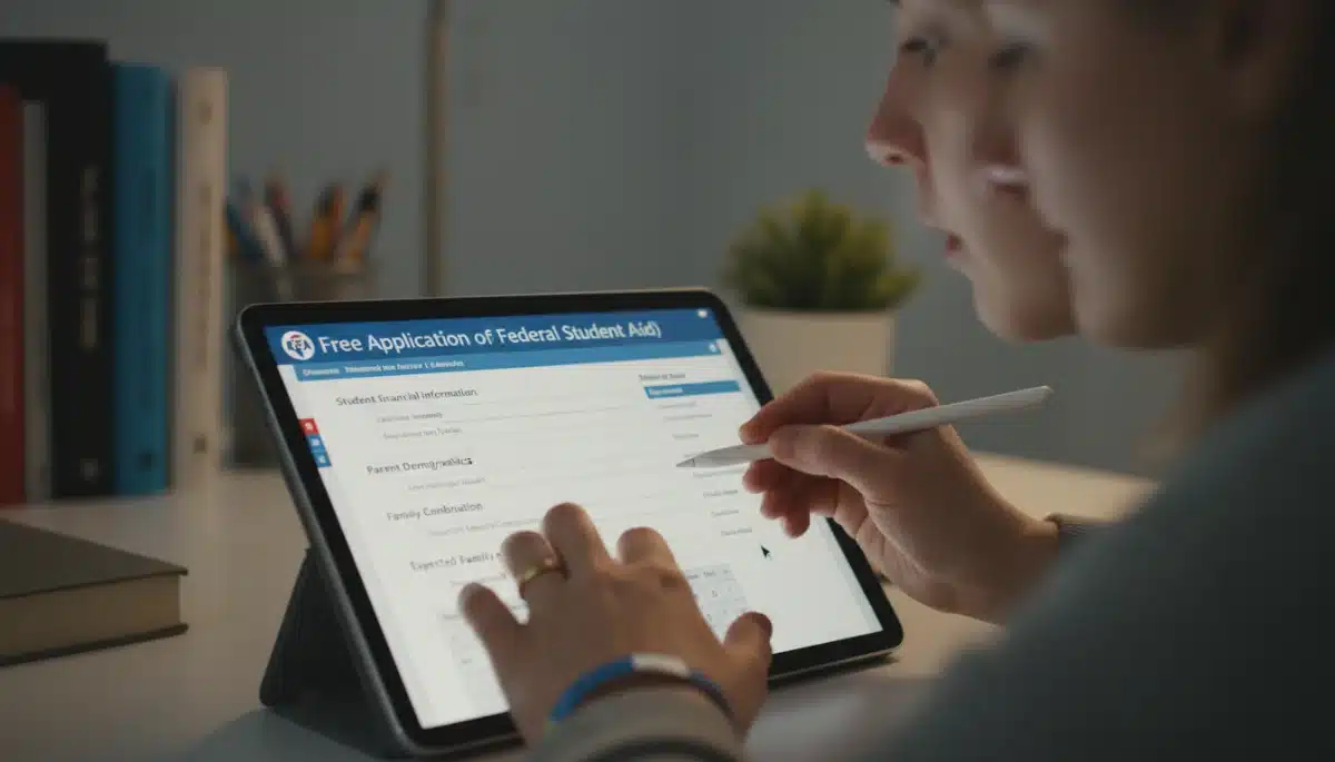 Hands collaboratively filling out a digital FAFSA form on a tablet, focusing on family financial information.