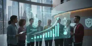 Diverse individuals contemplating future retirement plans with digital projections.