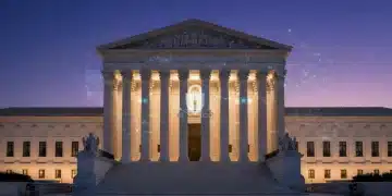 Supreme Court building illuminated at dusk, symbolizing a landmark data privacy ruling