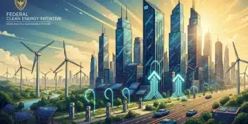 Futuristic clean energy infrastructure with solar panels and wind turbines