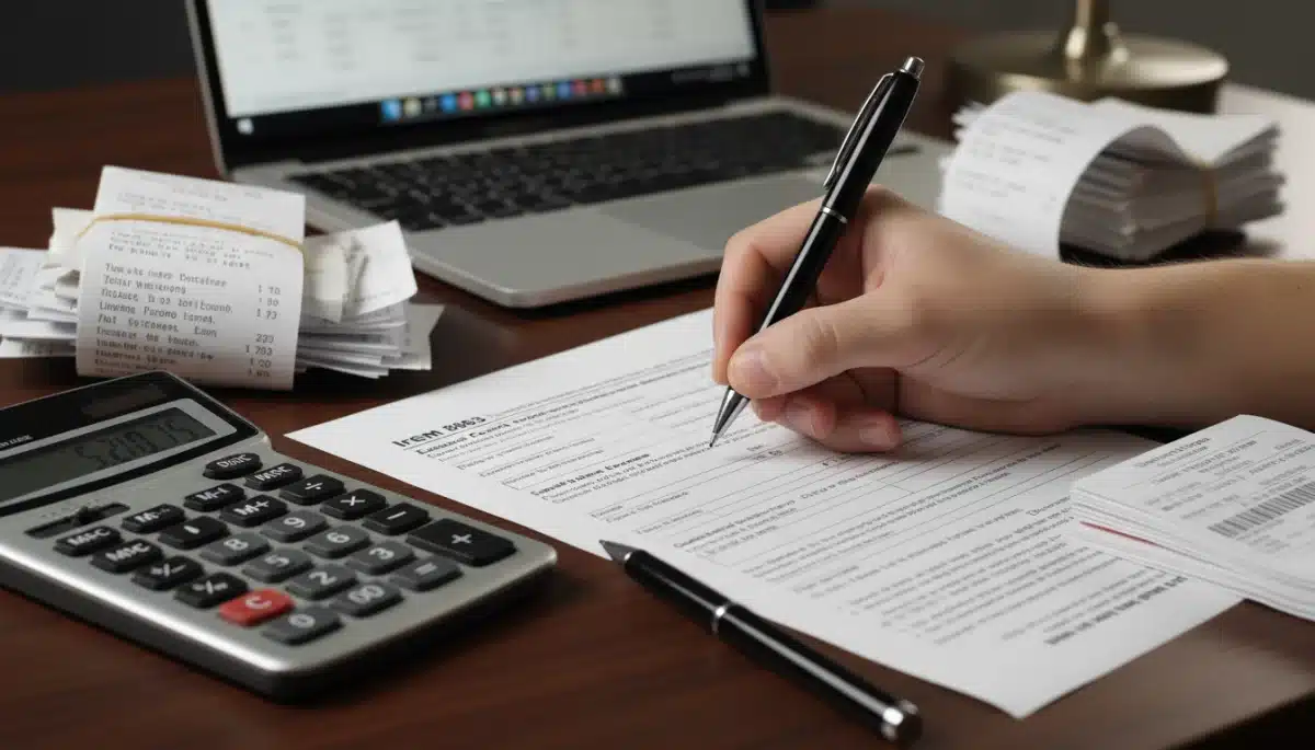 Hand filling out tax forms with educational receipts and calculator.
