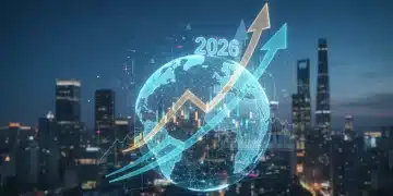 Global economic forecast 2026 with digital graphs and growth arrows