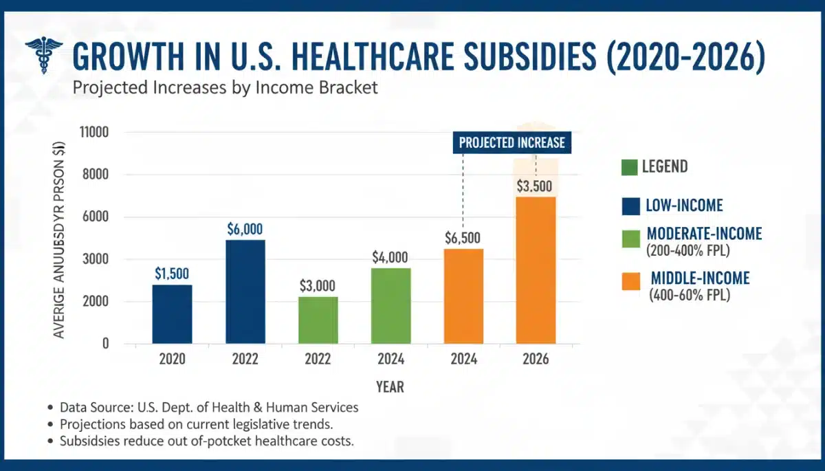 Infographic depicting projected Healthcare.gov subsidy increases for 2026 across different income levels