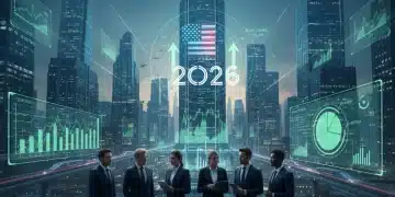 Futuristic cityscape with financial data overlay, symbolizing investment growth in 2026 US sectors.