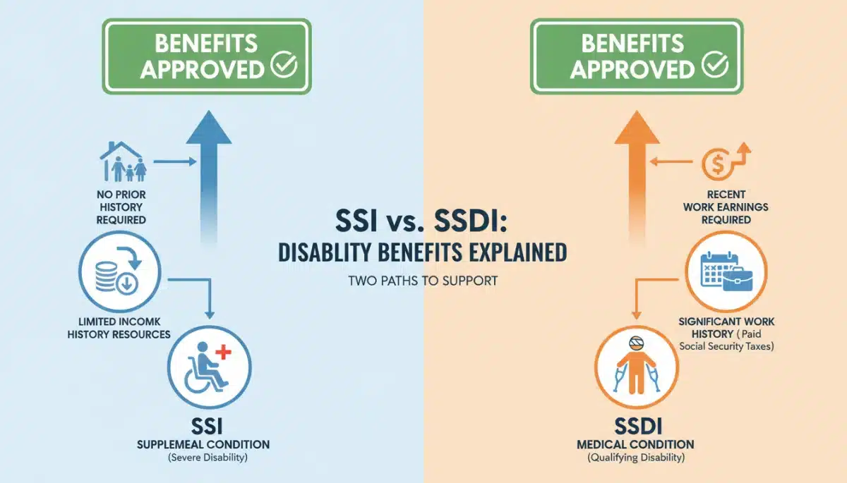 Infographic comparing SSI and SSDI eligibility requirements and benefits